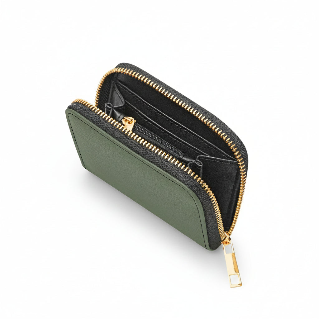 Green wallet with gold zipper on a white background