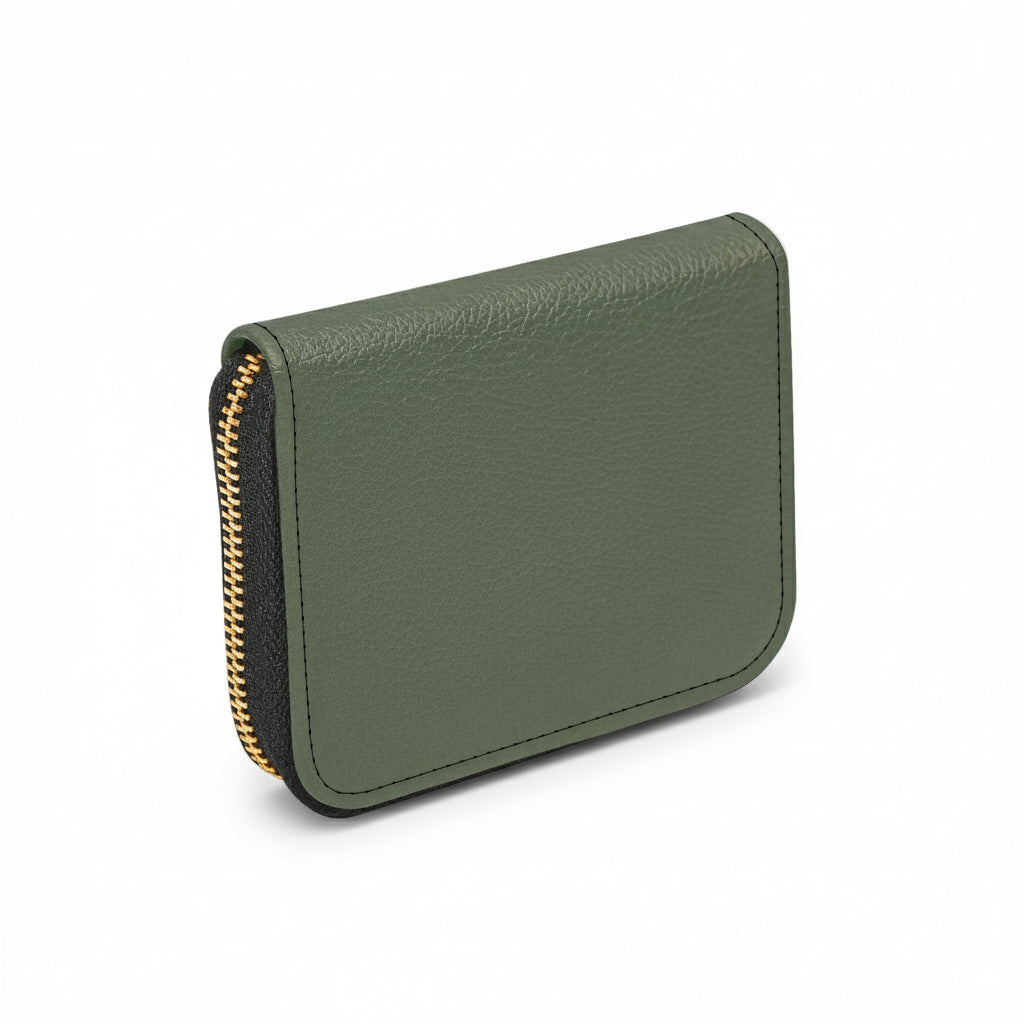 Green wallet with a gold zipper on a white background