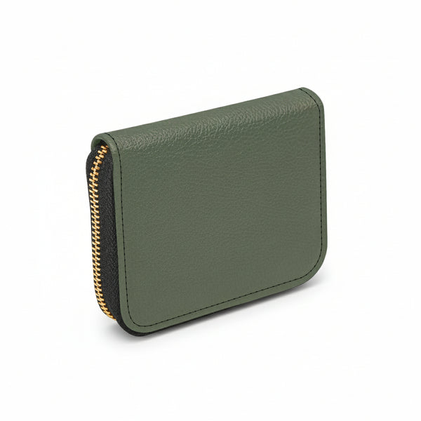 Green wallet with a gold zipper on a white background