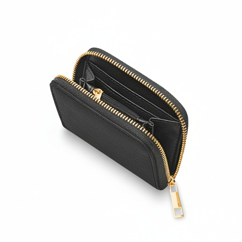 Black wallet with gold zipper on a white background