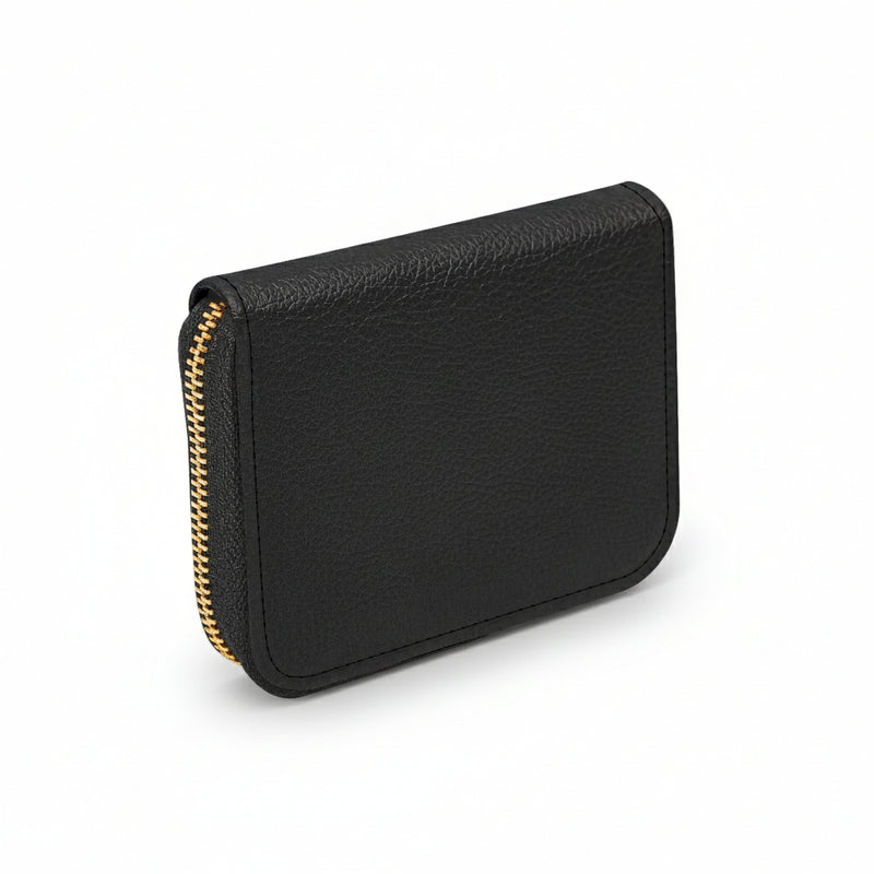 Black wallet with gold zipper on a white background